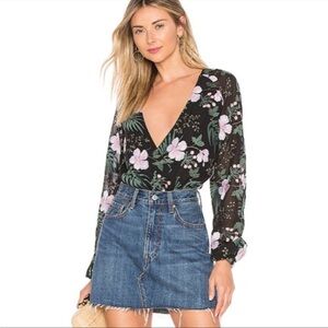 Lovers + Friends Revolve Bodysuit Plunge Neck Sheer Sleeves Embroidered S